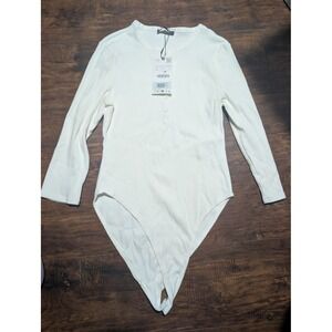 NWT ZARA Ribbed Long Sleeve Button Front Bodysuit Cream Ivory Women's Size L F1